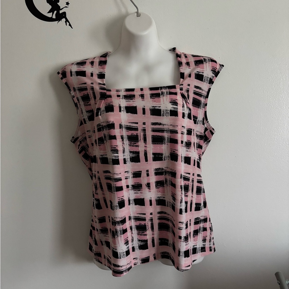 Evan Picone Pink and Black Cap Sleeve Boxy Blouse